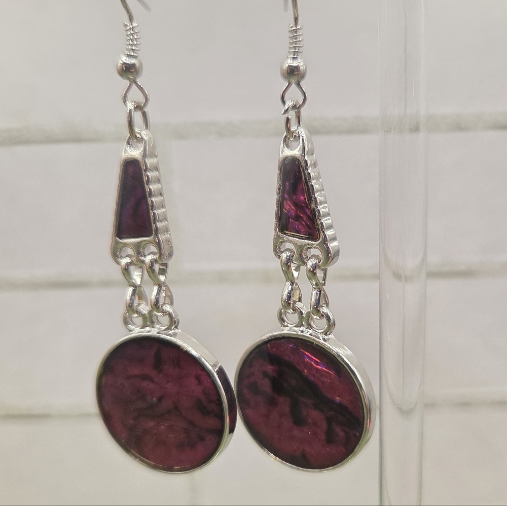 961. Silver-Tone Drop Earrings with Deep Fuchsia Inlay